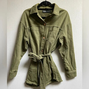 Zara Womens Olive Green Frayed Hem Belted Oversized Shacket Sz S